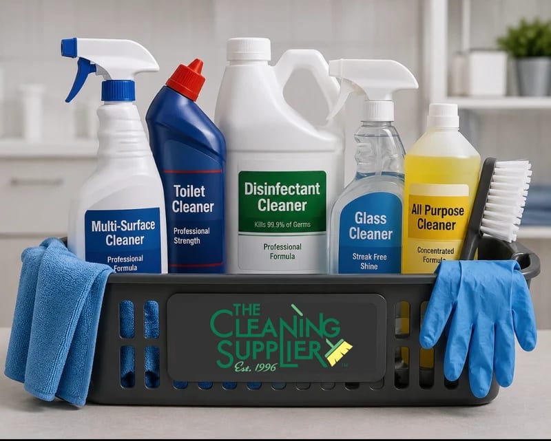 Cleaning caddy with disinfectant, glass cleaner, brushes, cloths and gloves