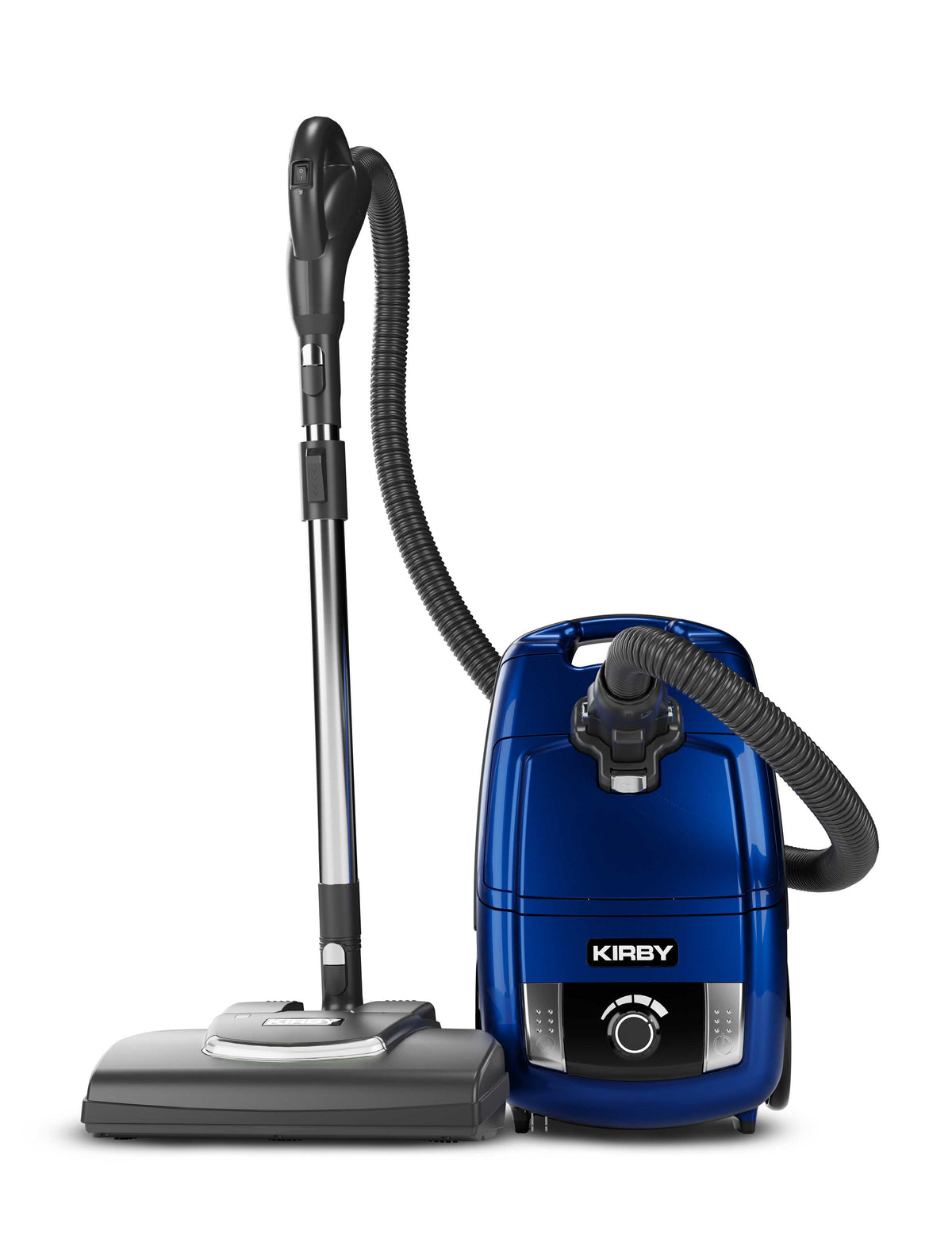 A blue Kirby Signature Series C550 canister vacuum cleaner with a flexible hose and floor attachment, shown on a clean white background.