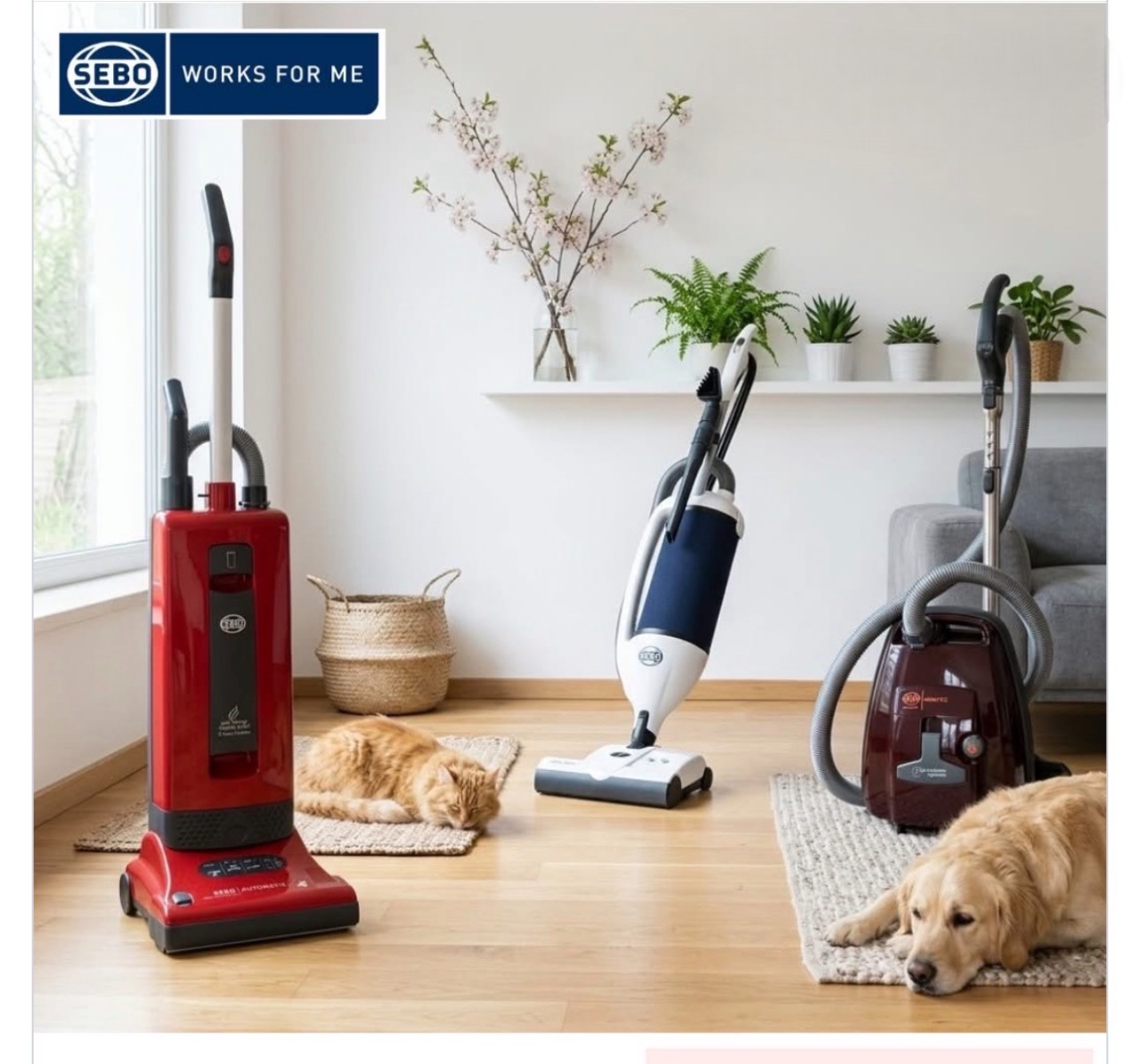 Three SEBO vacuums on a wooden floor with pets and plants in the background, featuring the SEBO logo.